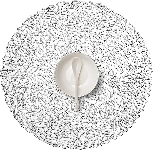 Miniatura 8 de FunWheat Juego de 6 manteles individuales redondos de vinilo plateado metálico plateado de 15 pulgadas, manteles individuales huecos resistentes al