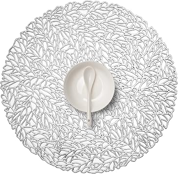 FunWheat Round Metallic Sliver Vinyl Placemats Set of 6 15 inches Hollow Out Placemats Heat-Resistant Place mats Shining Table Mat Coral Sliver