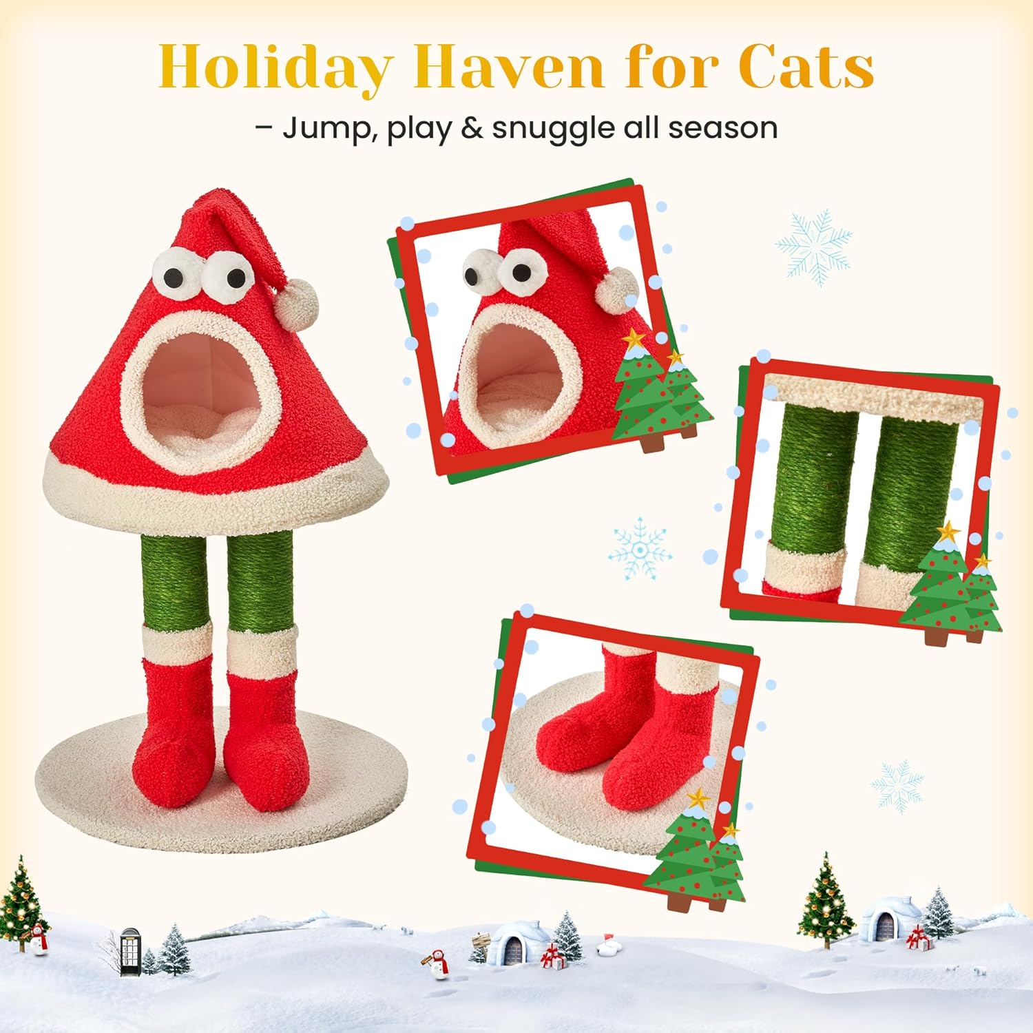 Christmas Cat Tree Tower for All Cats – Santa Hat Design with Scratching Posts & Cozy Cat Bed, Small to Large Cat Tower, Red