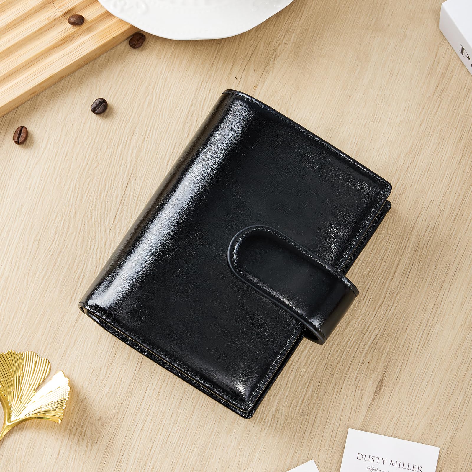 Agenda tascabile in pelle, raccoglitore a 6 anelli con foglia, anello dorato da 25 mm, pelle cerata ad olio (nero)