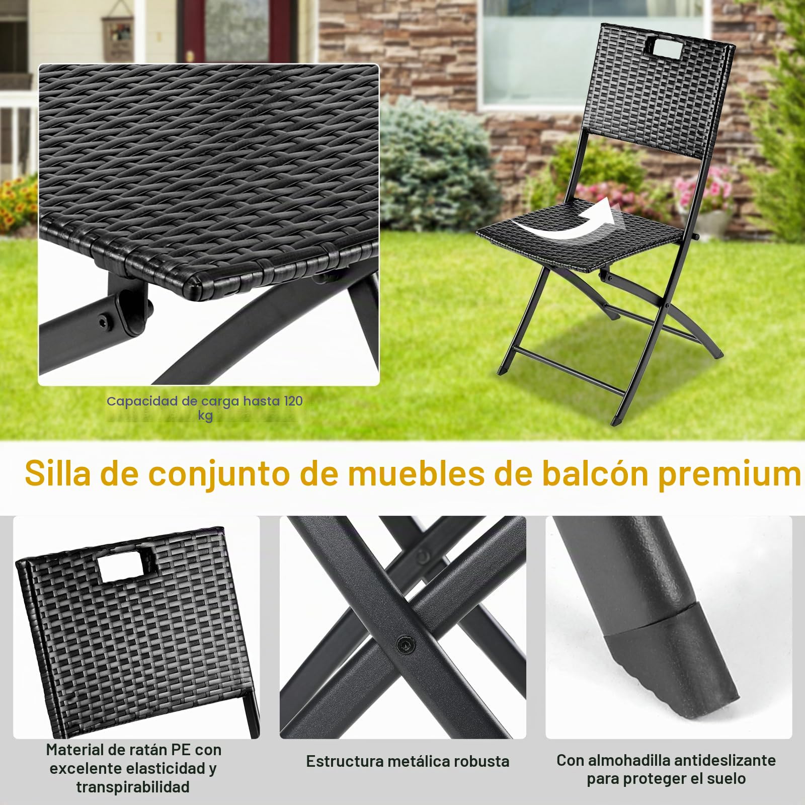 LIFERUN Juego de Muebles de Balcón de 3 Piezas, Muebles de Jardín de Ratán Plegable, 1 Mesa y 2 Sillas, Conjunto de Bistró, Conjunto de Mesa y Sillas de Jardín, para Balcón y Patio, Negro