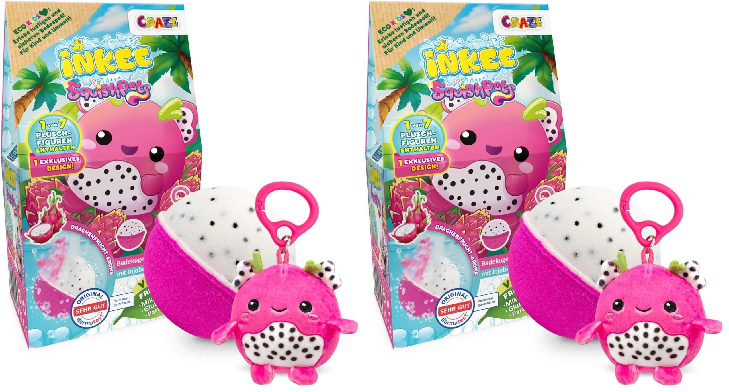 INKEE Badebombe Kinder mit Überraschung – XXL Badekugel Drachenfrucht Duft mit Squishpet Plüsch Anhänger – Badebomben Kinder mit Überraschung, Mädchen Geschenke (Packung mit 2)