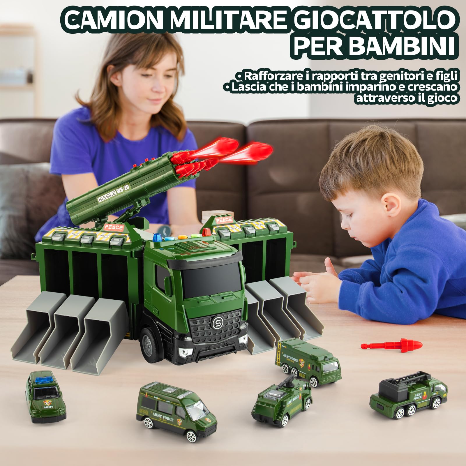 Camion Militare Giocattolo，Giocattoli Militari per Ragazzi con 8 Missile,Luci e Suoni,Set di Giocattoli Militari con 6 Veicoli,Giocattoli Militare adatti a Bambini di età Superiore ai 3 Anni
