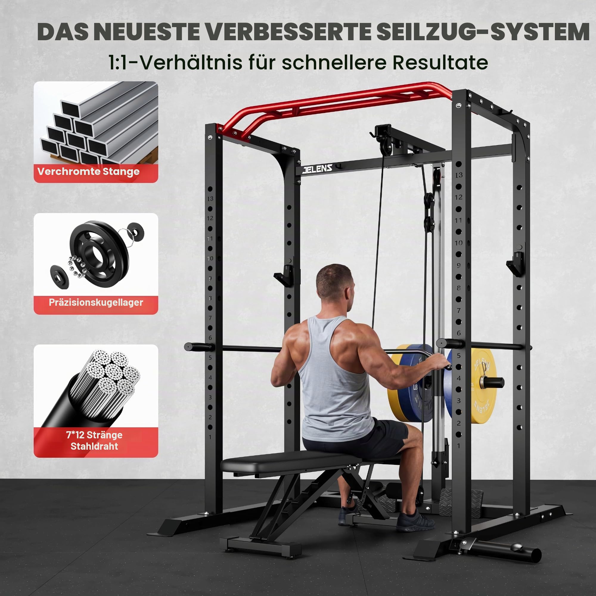 JELENS Power Cage, 907.2 kg Multifunktion S11 Power Rack mit Lat-Pulldown, Squat Rack mit verstellbarem Seilzugsystem und mehr Trainingsaufsätzen, Gewichtstrainingsgerät für Home Gym