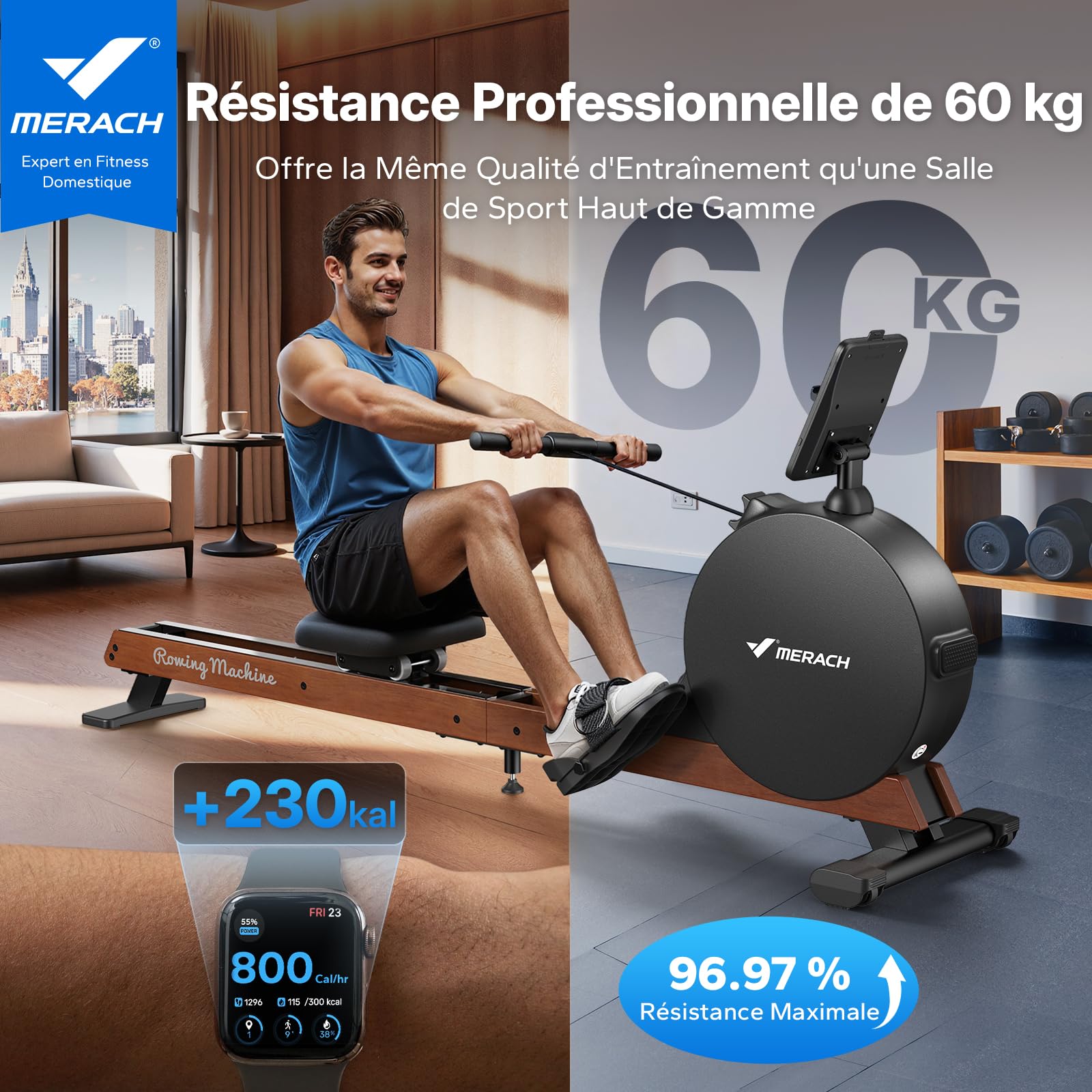 MERACH Rameur Musculation D'appartement, Auto-générateur, résistance magnétique maximale améliorée de 60 kg, réglage Automatique de la résistance, Doubles Rails en Bois, Affichage LED, Professionnel