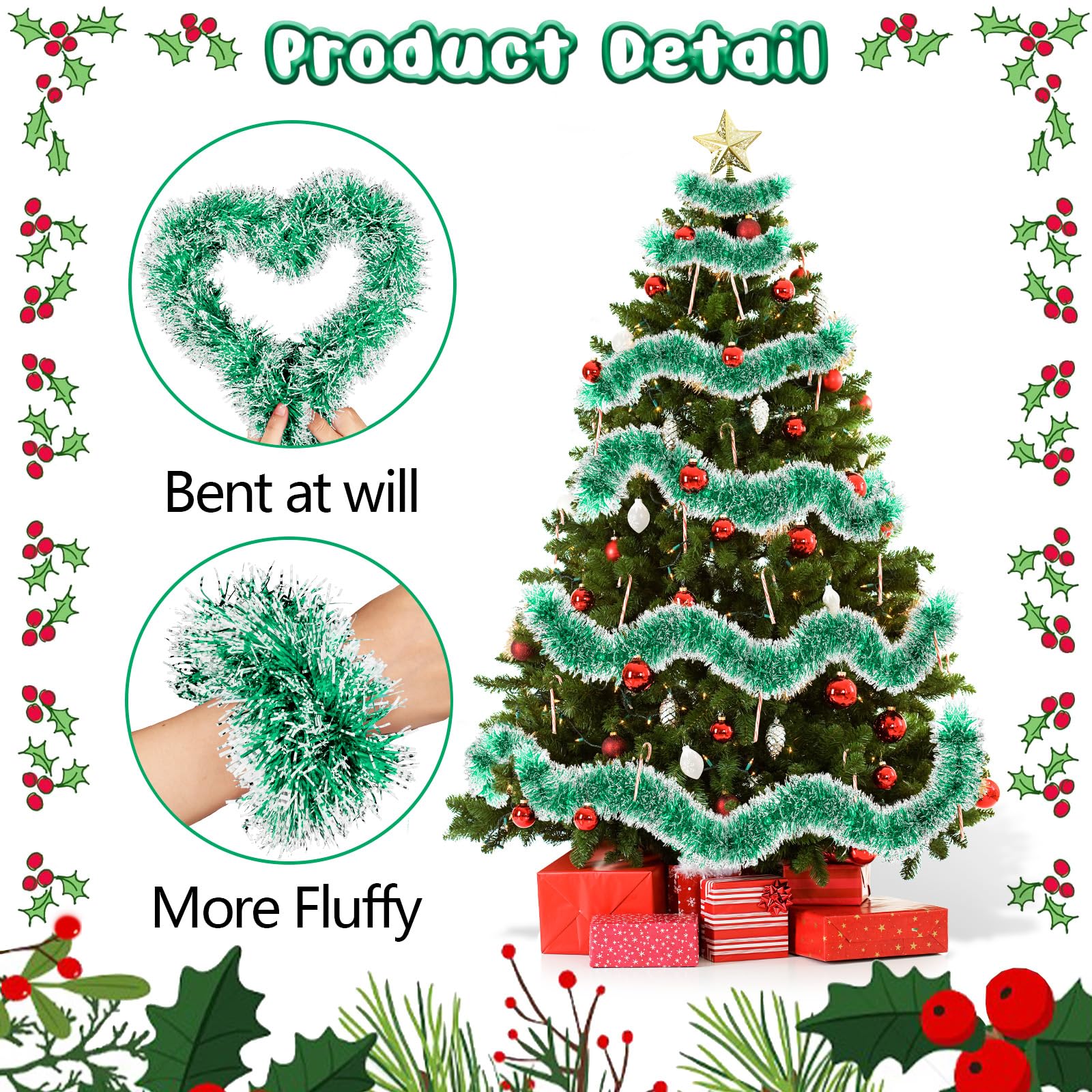 Ghirlanda natalizia,10M Tinsel ghirlanda natalizia per porta decorazioni Verde decorazione natalizia, ghirlanda di Natale decorazioni albero di natale per Decorazioni Natalizie per Interni e Esterni