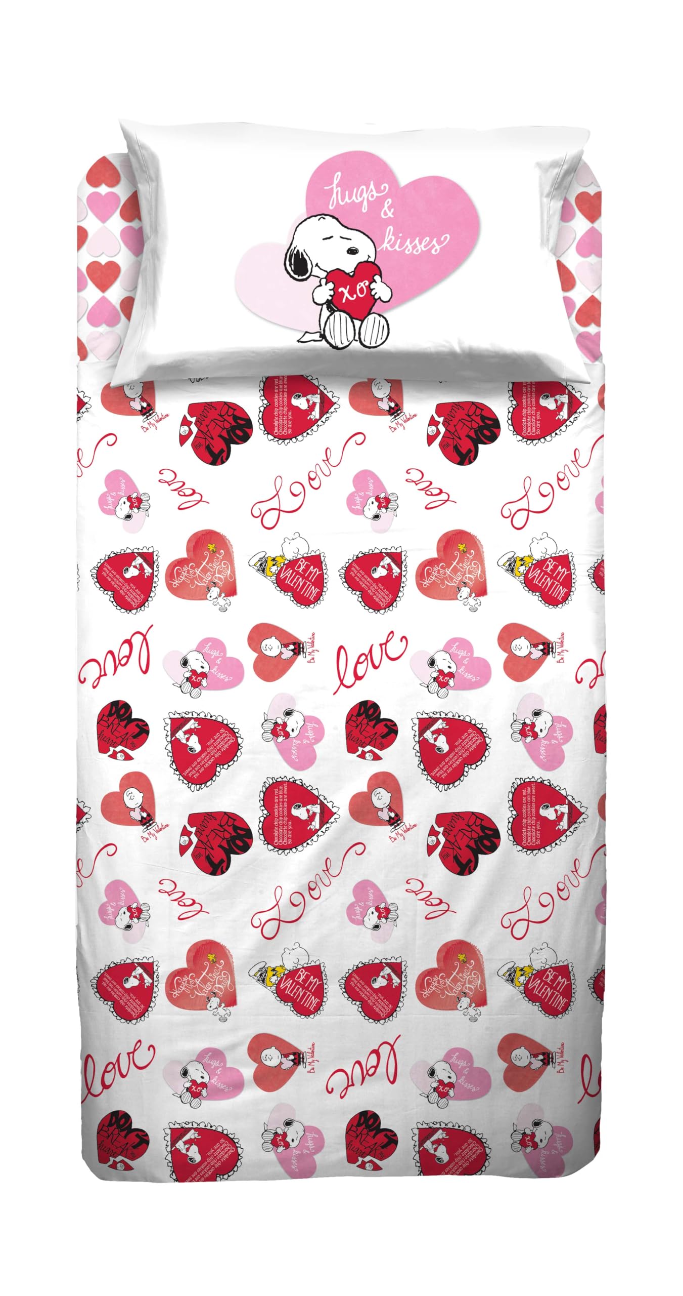 hermet Peanuts, Set Lenzuolo Letto Singolo, Completo Letto Singolo, Lenzuolo Sopra, Lenzuolo Con Angoli, Federa, Cuori, 100% Cotone, Prodotto Ufficiale
