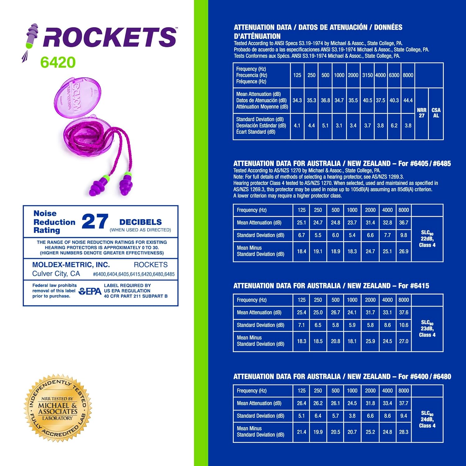 Moldex Rockets® Reusable Earplug with Pocket-Pak and Cloth Cord 6420, NRR 27dB