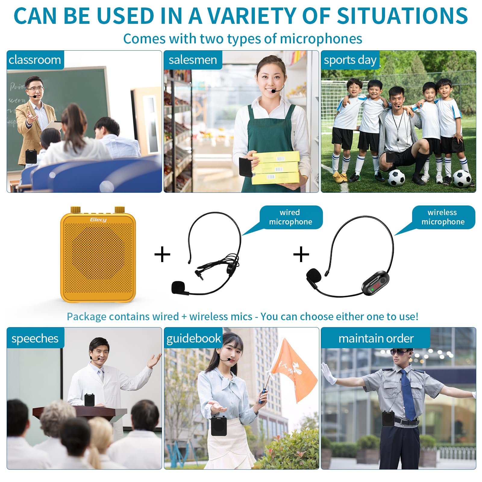 Amplificador de Voz Portátil con Micrófono Inalámbrico UHF, Batería de 2800mAh, ReproductorTF/USB, Radio FM y Grabador para Profesores, Tours y Eventos(Amarillo)