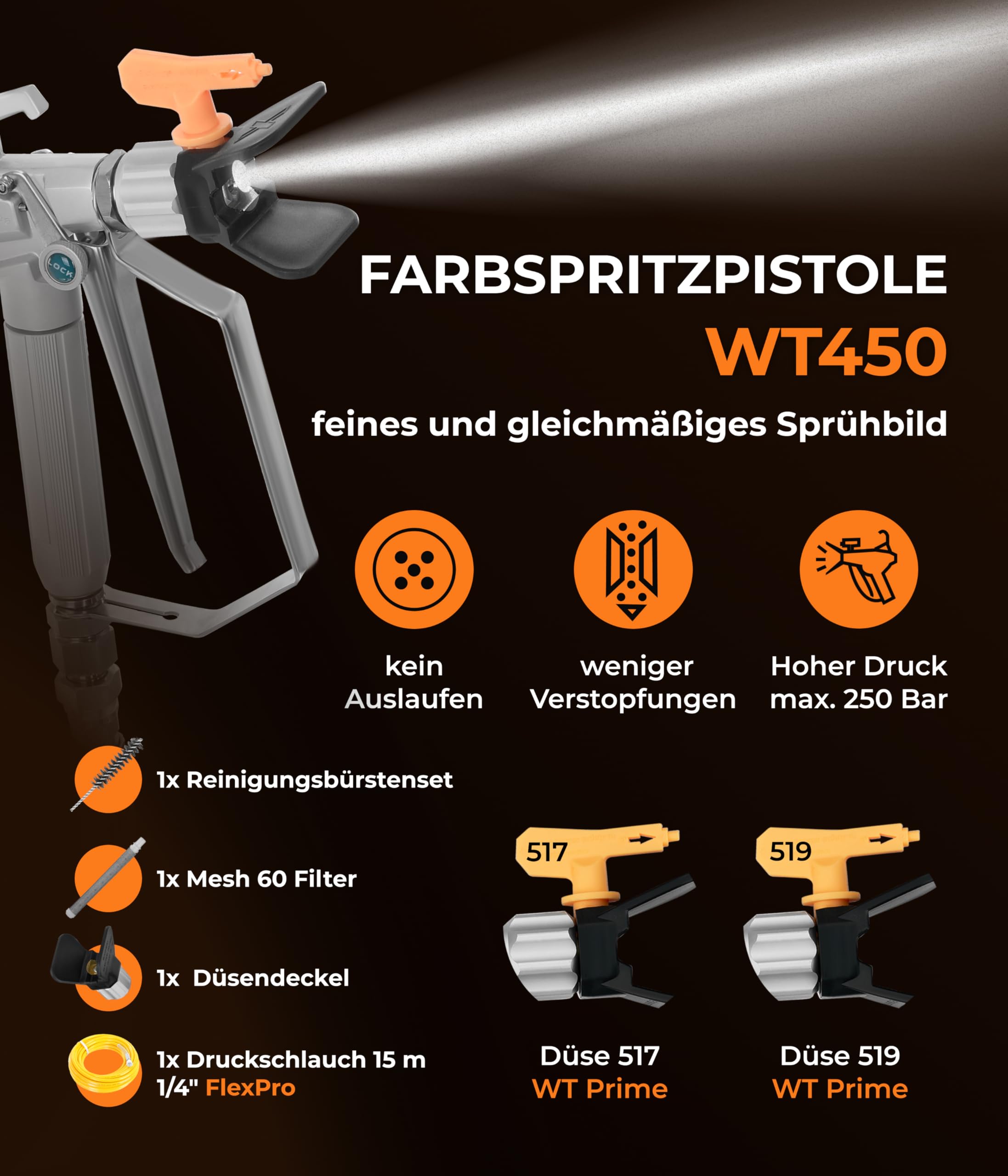 WT20i Farbsprühsystem Wandfarbe 1100 W - 210 Bar Hochdruck Airless Farbsprühgerät - Airless Spritzgerät 2 L/min - Farbspritzgerät 30000 m2/J - Lackierpistole mit Schlauch 15 m - 1/4"
