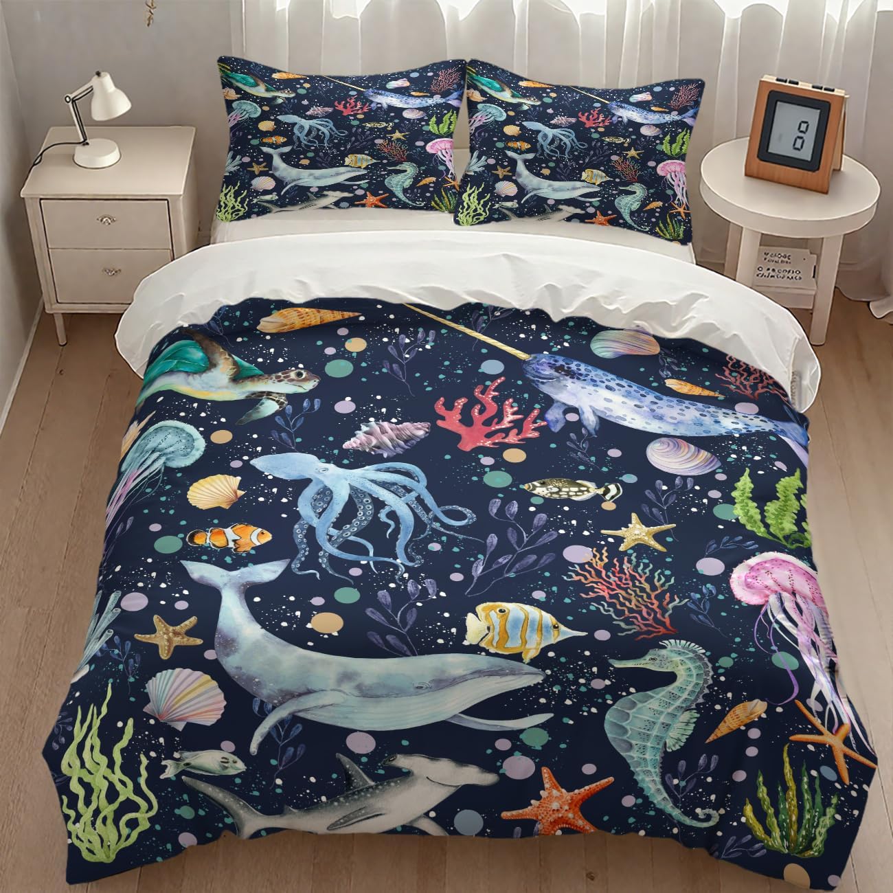 Kids Shark Bedding Duvet Cover Set,Cartoon Sea Underwater Ocean Whale Turtle Seaweed Blue Funny Marine Animal Kids Toddler Comforter Set with Pillowcase for Bedroom Bed Decor,Twin 86"x70"