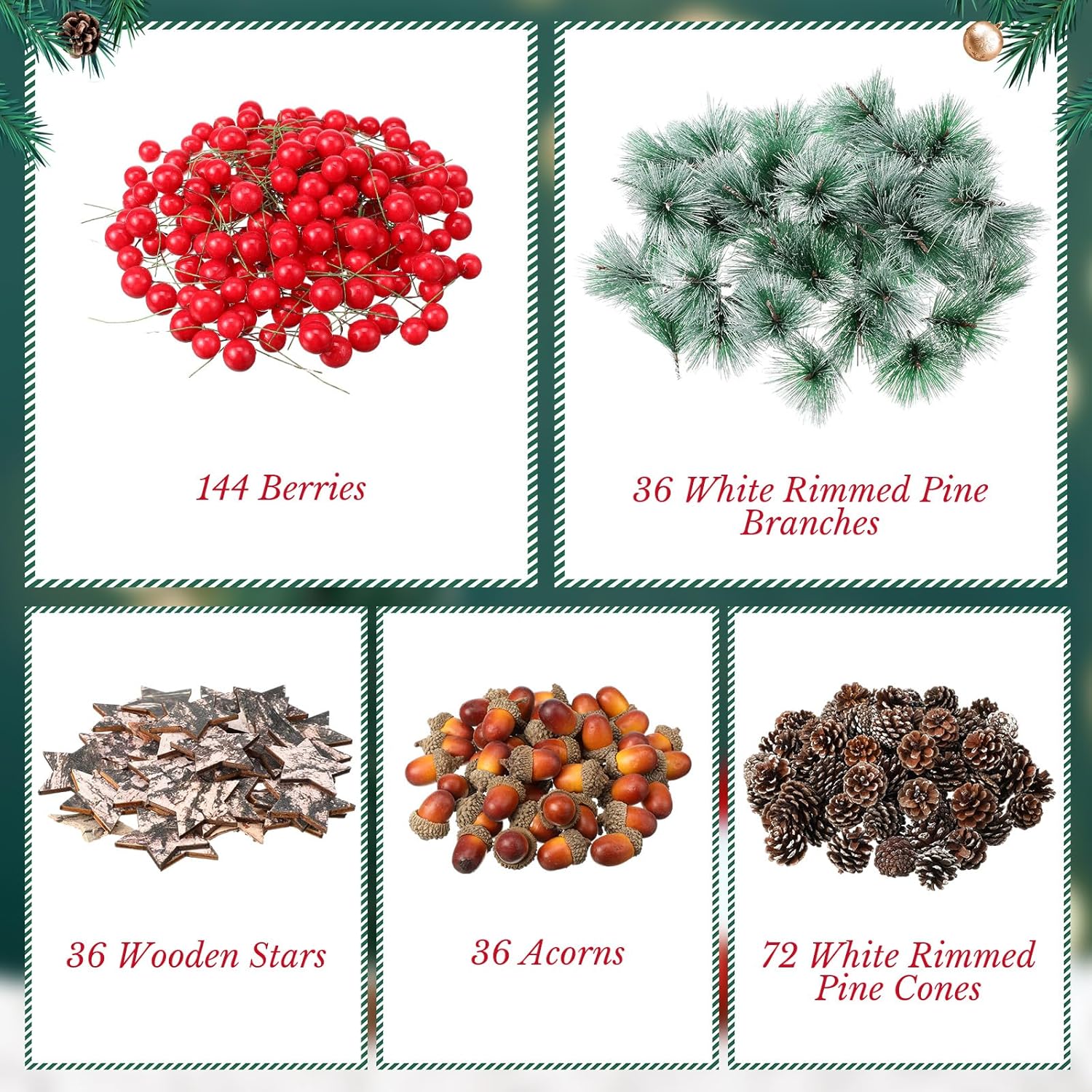 Riceshoot 324 Pcs Christmas Picks and Sprays Pine Cone Red Berries Set Christmas Wreath Making Decoration Artificial Pine Branches Acorns Wooden Stars for Xmas Supplies Party DIY Crafts