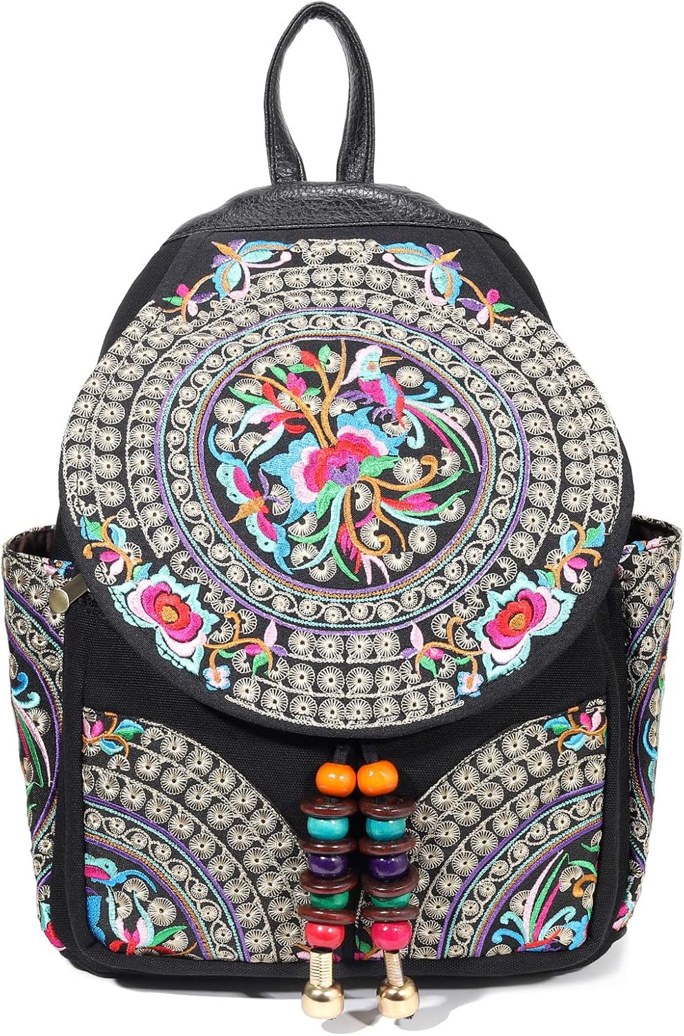SILKAREA Vintage Embroidered Floral Ethnic Backpack Purse for Women Bohemian Handbag Shoulder Bag Travel Purse (Black S1)