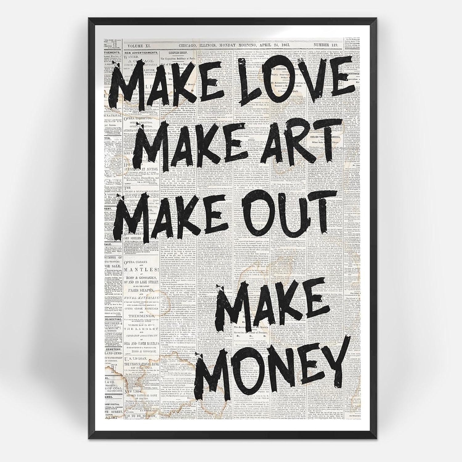 Make Love Make Art Make Out Make Money Wall Art Black And White Newspaper Canvas Posters Motivational Positive Prints Painting For Living Room Dorm Wall Decor 16x24in Black Framed