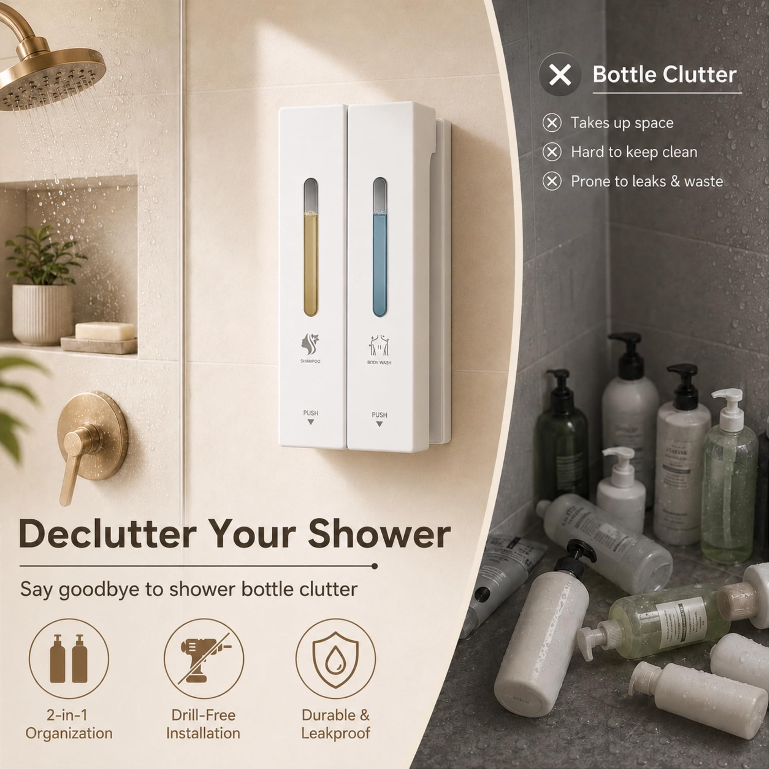 Dispensador Jabón Baño Pared Sin Taladro, Dosificador Gel Ducha y Champú 400/800/1200 ML con Botón Ancho, Plástico ABS Antioxidante (Botón Grande-Nuevo Blanco Mate 2 Compartimentos)