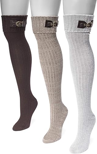 Muk Luks 3 pares de calcetines con hebilla por encima de la rodilla para mujer