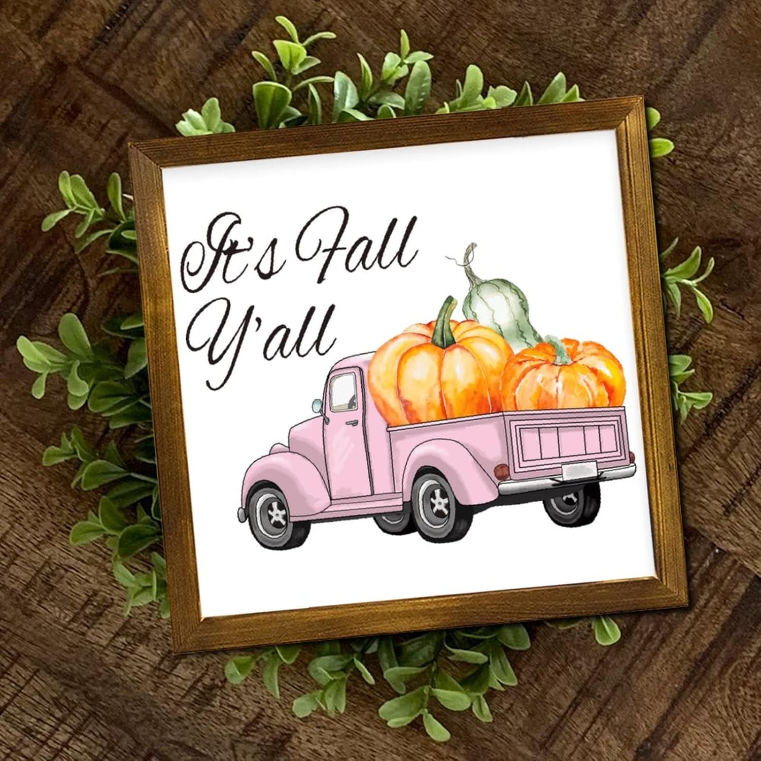 It's Fall Y'all Pink Pumpkin Truck Wood Framed Sign Maple Leaves Wood Plaque Sign Vintage Farm Harvest Hanging Wall Signs Decor for Home Bathroom Indoor Kitchen Garden 12x12 inch