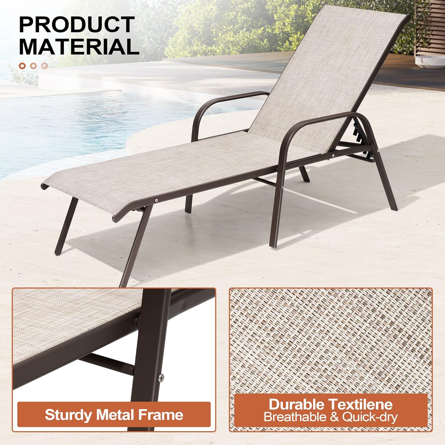 Crestlive Outdoor Chaise Lounge Chair,5-Position Pool Lounge Chairs with Armrests Sunbathing Recliner for Patio,Beach,Deck,Yard (2PC Beige)