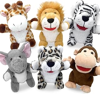 6Pcs Hand Puppet Animal Puppets,10”Puppets for Kid Plush Jungle Animal Puppet Set,Multicolor with Movable Mouth Puppets for Storytelling (Elephant, Iion, Monkey, Leopard, Giraffe, Zebra)