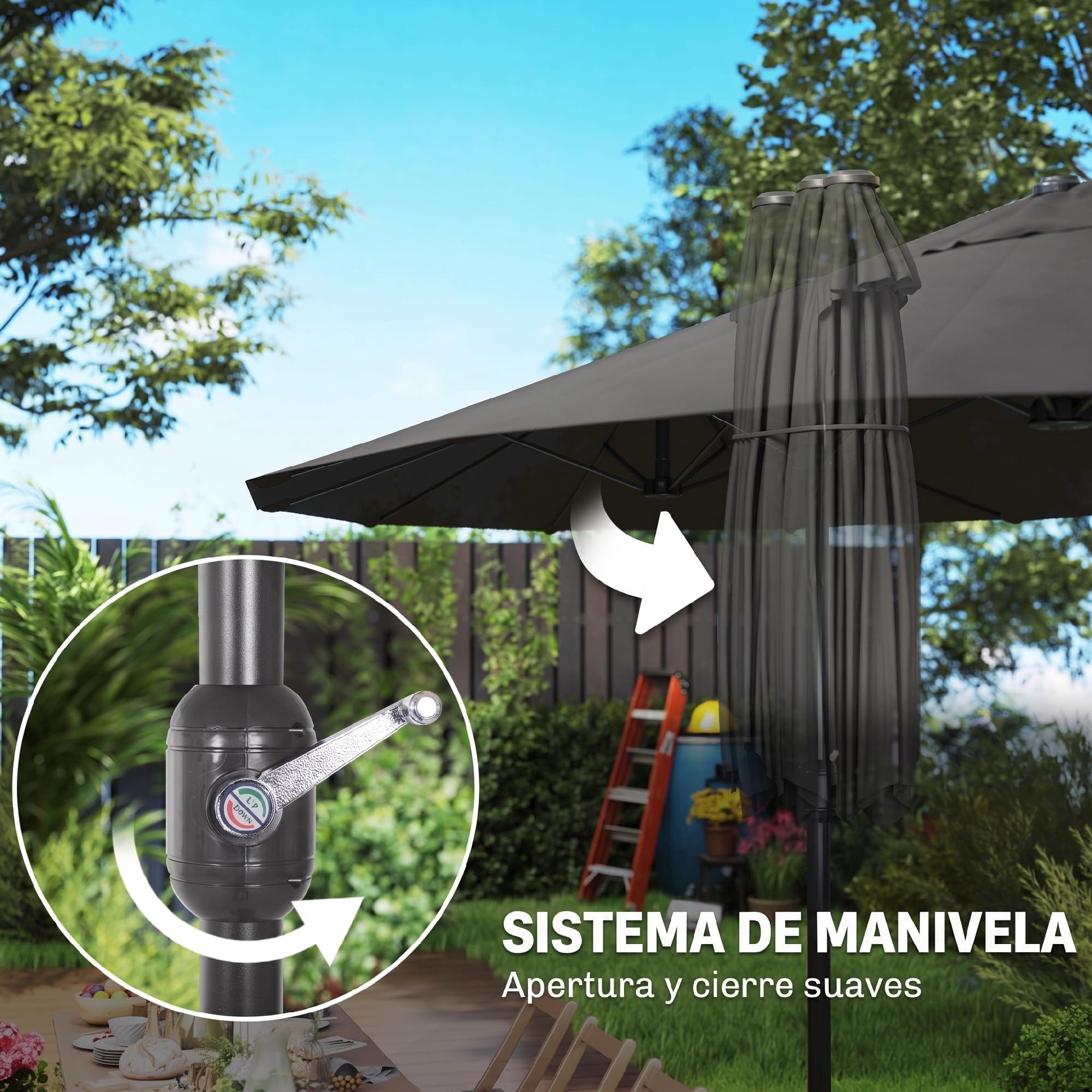 Outsunny Sombrilla Doble Anti UV para Jardín 4,55x2,65x2,38m Gris | Sombrilla Gigante, Con Manivela, para Terraza Exterior Patio Piscina