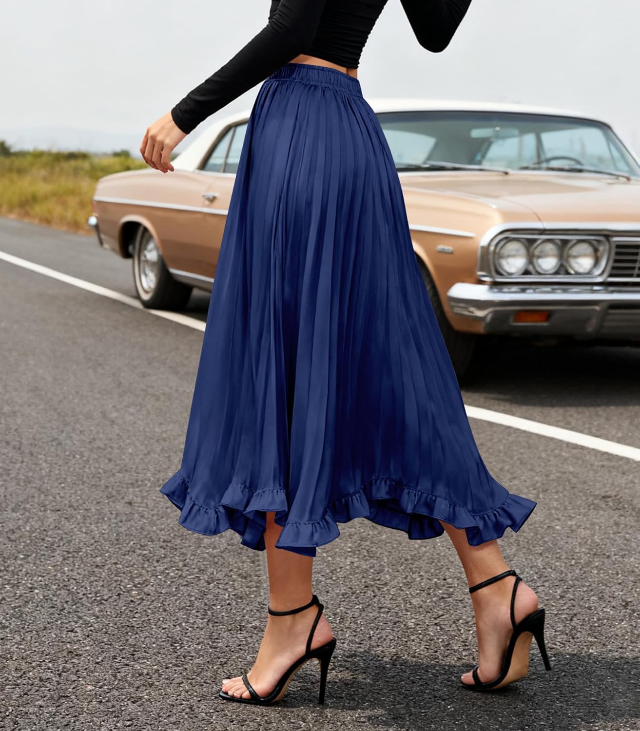 Satin Midi Skirt for Women Pleated Elastic Waist Relaxed Fit A-Line Slip Skirt with Ruffle Hem - Image 3