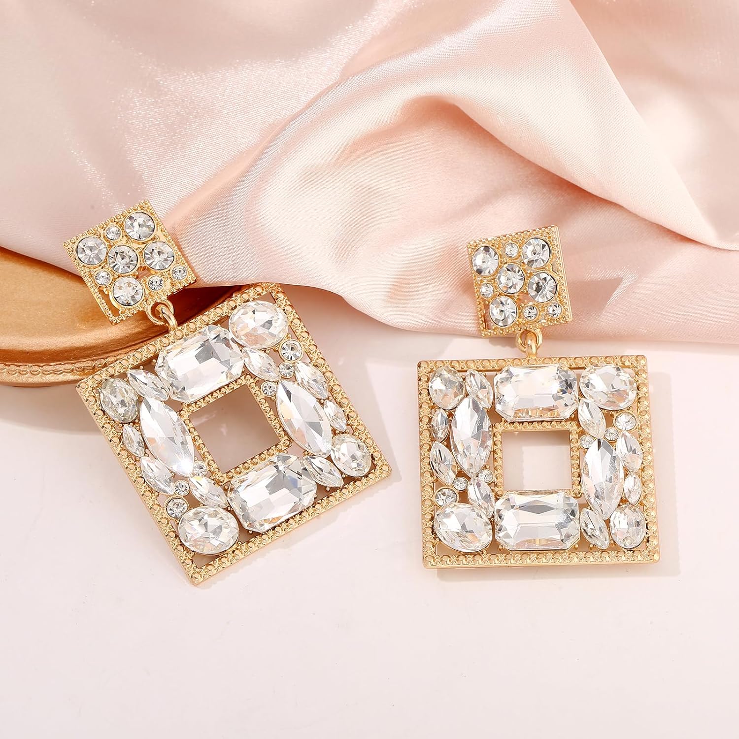 Rhinestone Square Statement Dangle Earrings Trendy Crystal Geometric Drop Earrings Hypoallergenic Jewelry for Women Party - Image 2