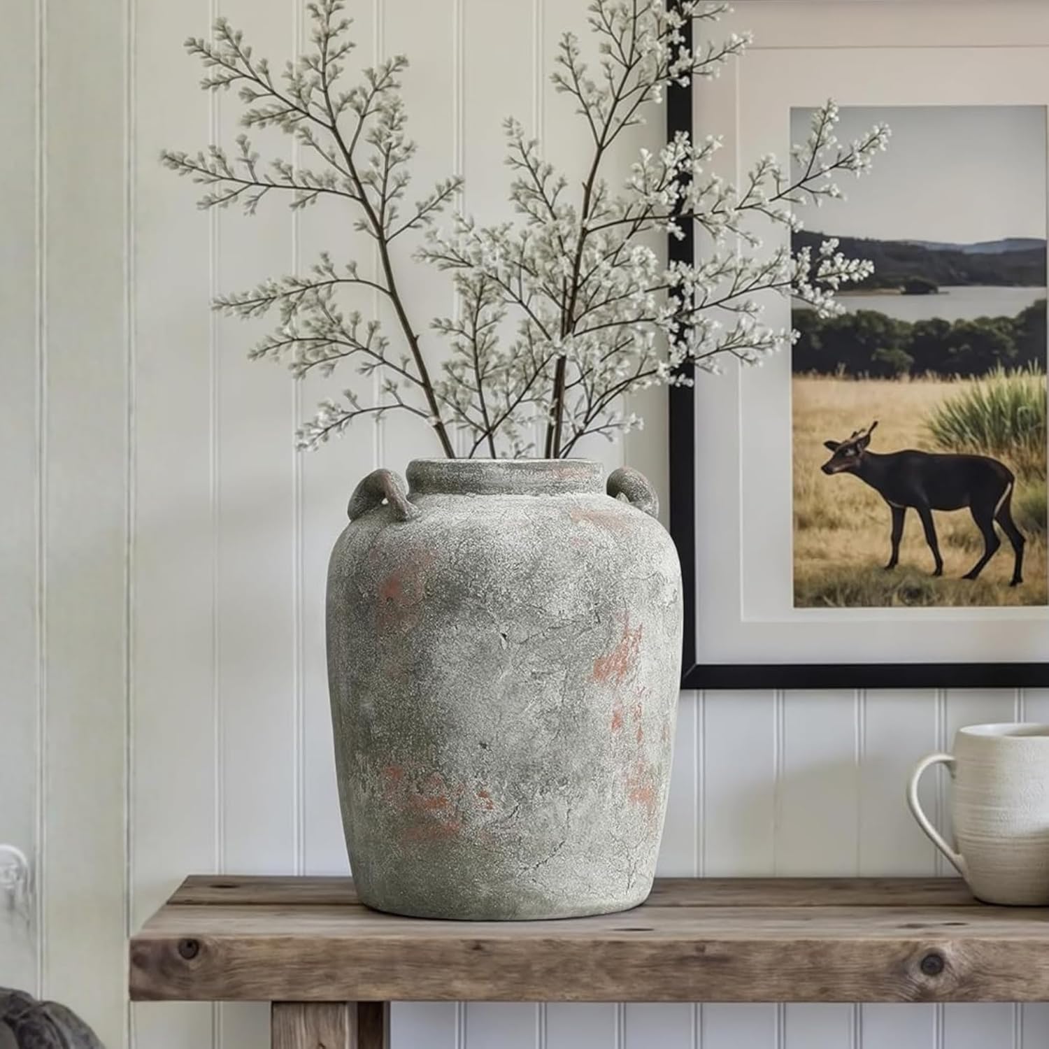 LuxenHome Rustic Ceramic Vase, 13.4" Tall Old-World Gray & Brown Round Terracotta Vases with Handles, Big Farmhouse Pottery for Dining Table Decor, Vintage Flower Vase for Living Room Home Decor