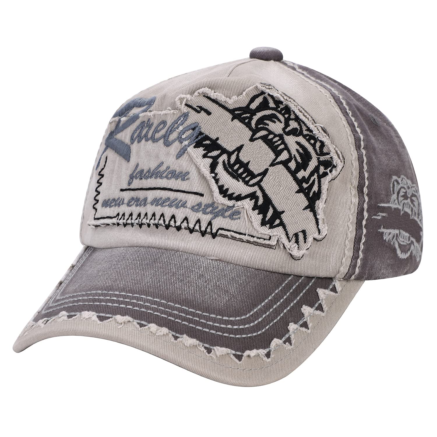 Xinchia Unisex Grey Vintage Cotton Baseball Cap Distressed Embroidery Peaked Cap Breathable Washed Edge Grinding Do Old Hat Outdoor Sports Sun Hat Headwear For Women Men Hiking Running Traveling Trekking Cap
