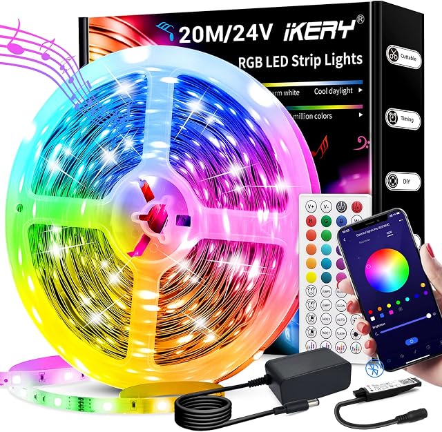 IKERY Taśma LED RGB, 20 m, zmiana kolorów, 16 milionów kolorów, synchronizacja z muzyką, z pilotem zdalnego sterowania, sterowanie za pomocą aplikacji, taśma LED do wnętrz, sypialni, dekoracja (1