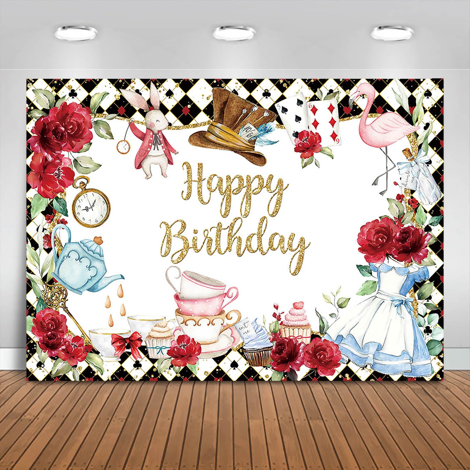 Fitumiw Wonderland Birthday Backdrop 8x6ft Tea Party Happy Birthday Background Party Decorations for Kids Fairy Tale Banner Photo Booth Props