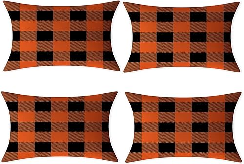 Miniatura 9 de Juego de 4 fundas de almohada decorativas a cuadros de búfalo blanco y negro para interiores y exteriores, funda de almohada para sofá de 18 x 18