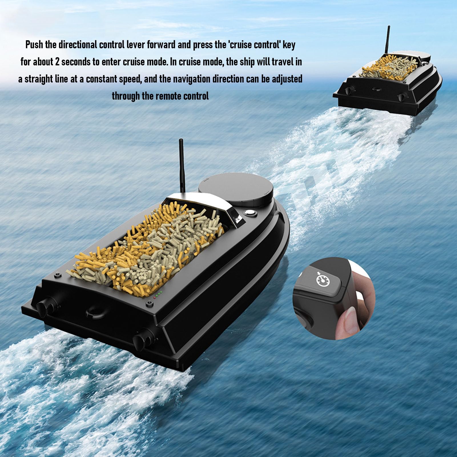 Bateau Appât Radiocommandé 300m, 1,8kg, Détecteur Poissons, 2 Trémies - Noir