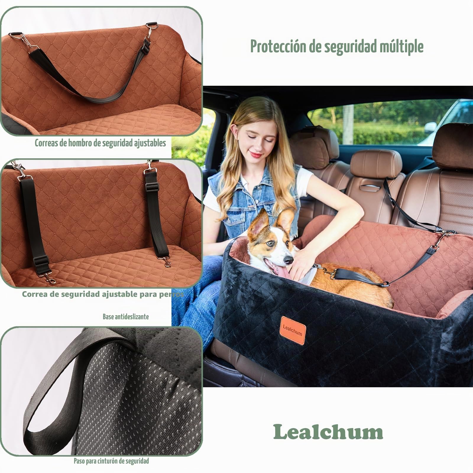 Lealchum Asiento de Coche para Perro de hasta 25 Kilos, 2 Correas Ajustables de Seguridad con Clip para 2 Perros pequeños, Totalmente Desmontable y Lavable, Asiento de Coche para Mascotas con 2