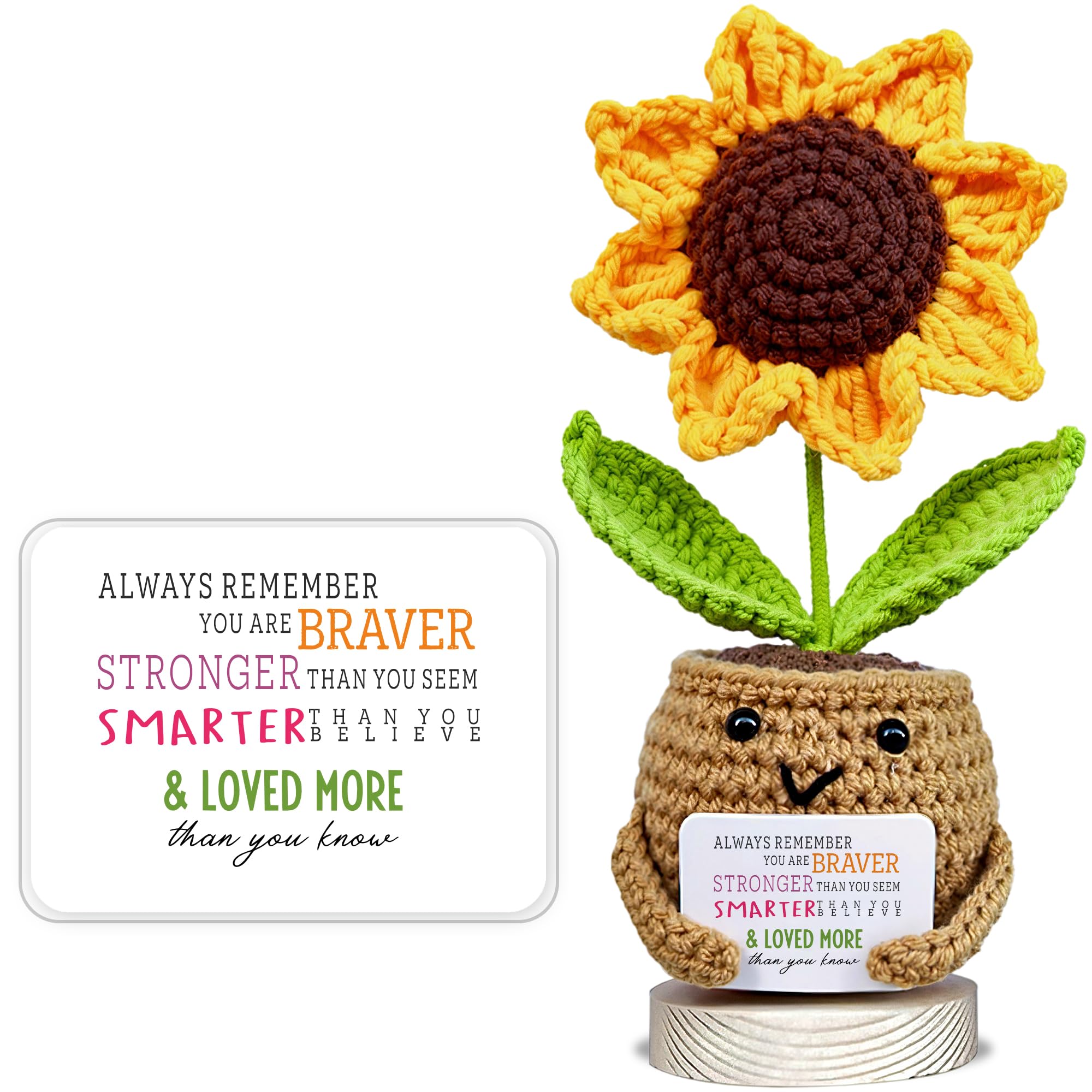 Velenti Women's Yellow Handmade Positive Sunflower Crochet Doll With Card For - Cute With You Are Braver, Smarter, Loved Heartfelt Message - Bff Friendship Presents