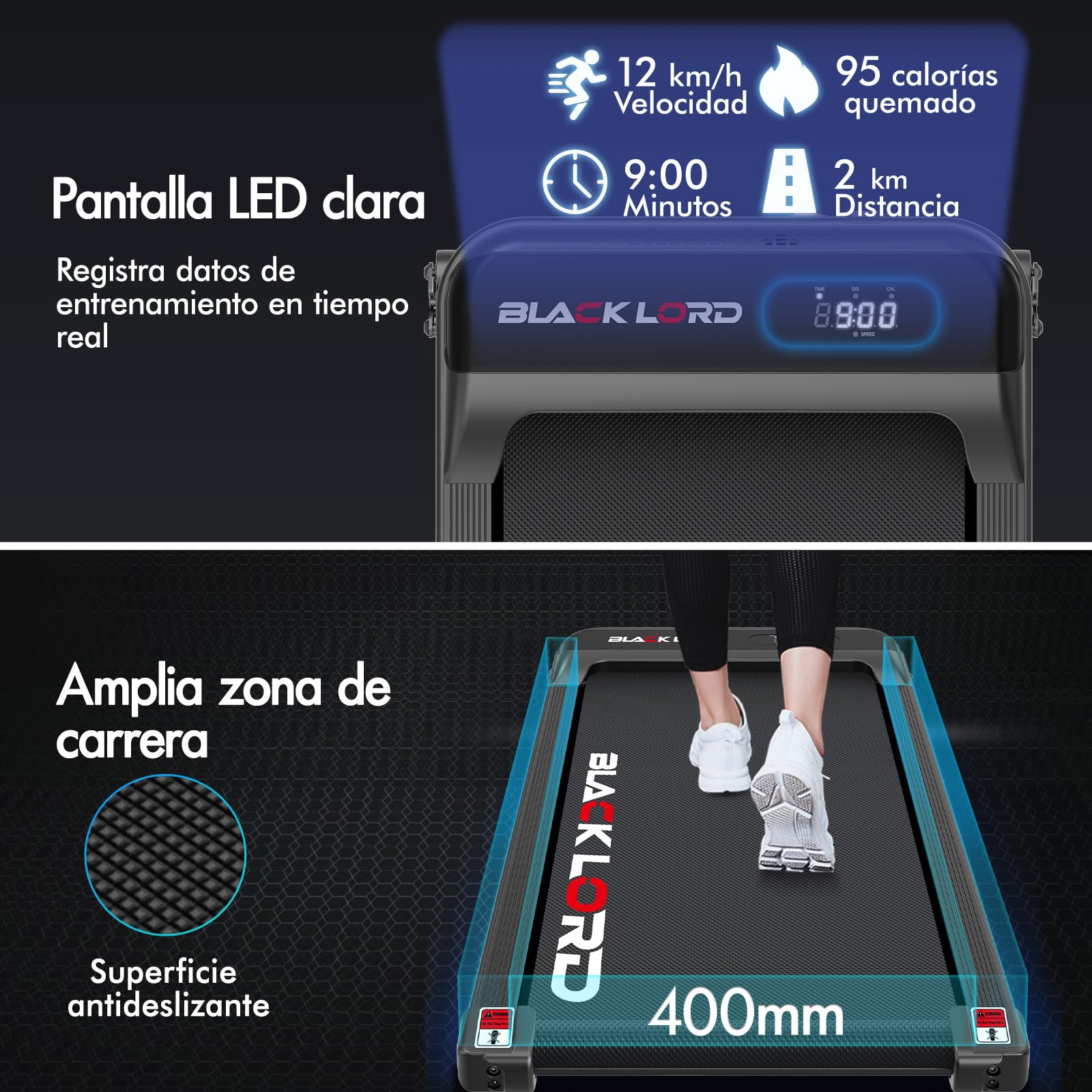 BLACK LORD Cinta de Correr, Walking Pad 9/12/16km/h, Superficie de Carrera con/sin inclinación del 9%, para Debajo del Escritorio, Pantalla LED, portátil,silenciosa,Capacidad de Peso de 120/130/140kg