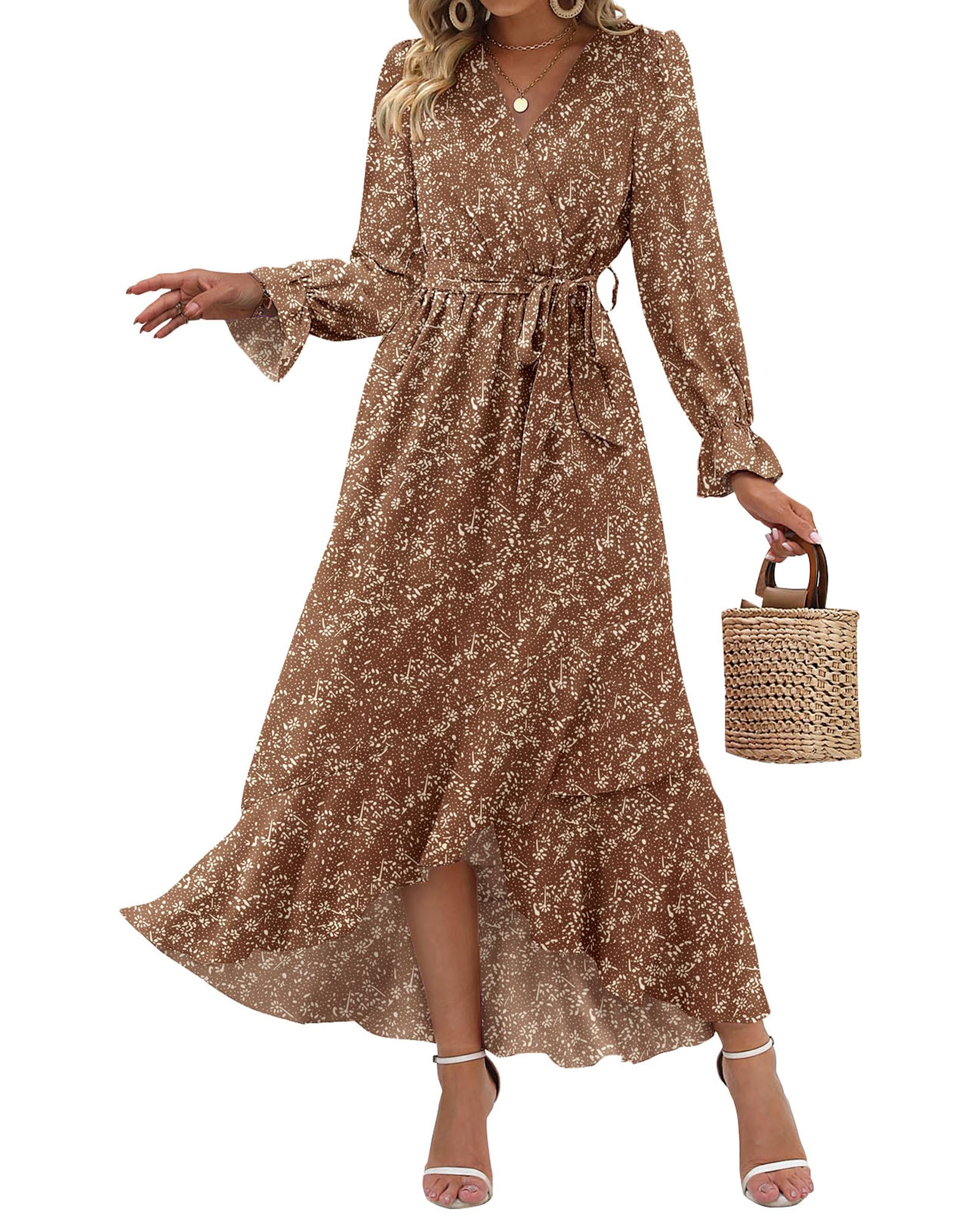 BTFBM Womens Dresses Spring Clothes 2026 V Neck Floral High Waist Ruffle Wedding Guest Cocktail Boho Long Sleeve Dress