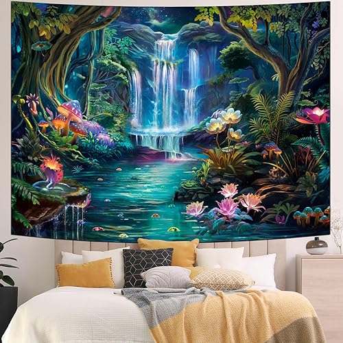 Miniatura 2 de Generleo Tapiz de bosque con diseño de hongos, flores, galaxia, cascada, colorido, floral, plantas, tapiz de pared, tapiz estético de fantasía,