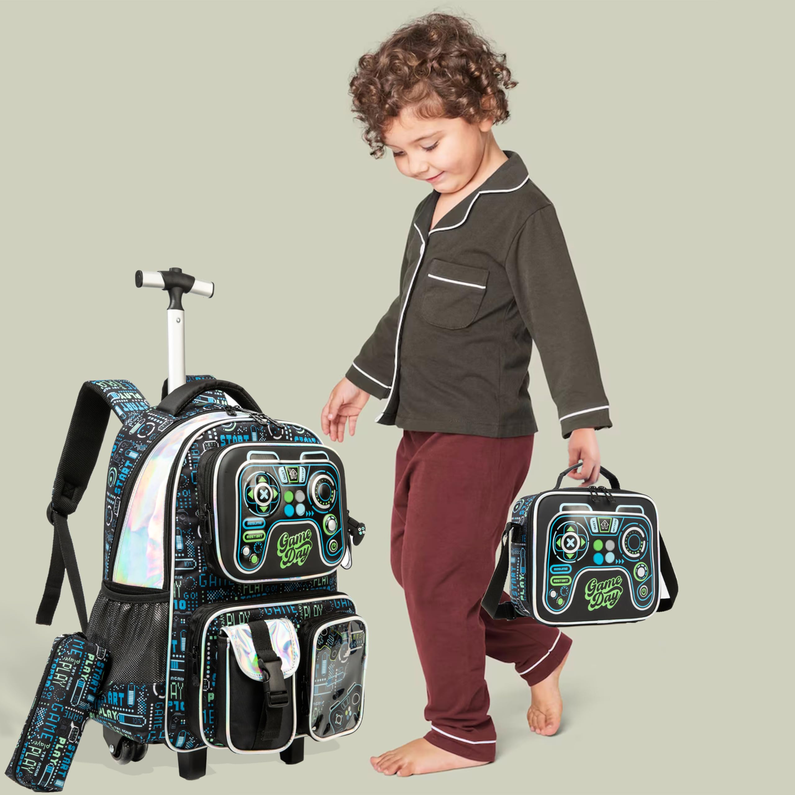 Kinder Rolling Rucksack für Jungen Gamepad Koffer Trolley Roller Gepäck Rucksäcke auf Rädern mit Lunch Box Pencil Case für die Grundschule Mehrere Funktion Taschen Travel school Bag Blau
