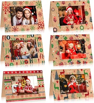 Mooliwe 48 Sets Christmas Photo Cards with Envelopes Stickers Christmas Cards with 4 x 6 Photo Insert Picture Frame Holders for Xmas Holiday Greeting Supplies Classic, Brown