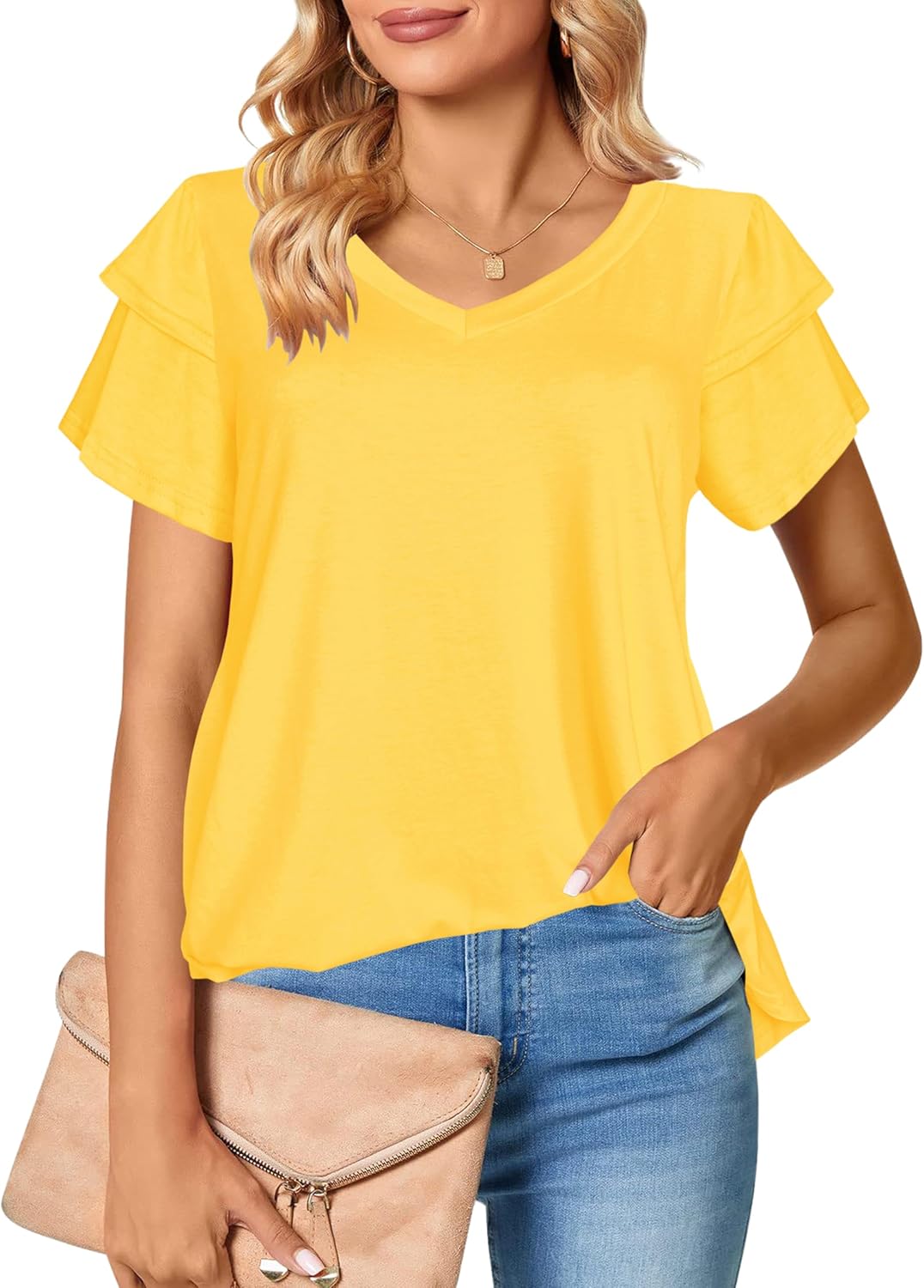 Afibi Womens Summer Tops Ruffle Short Sleeve V Neck T-Shirts Casual Loose Fit - Image 2