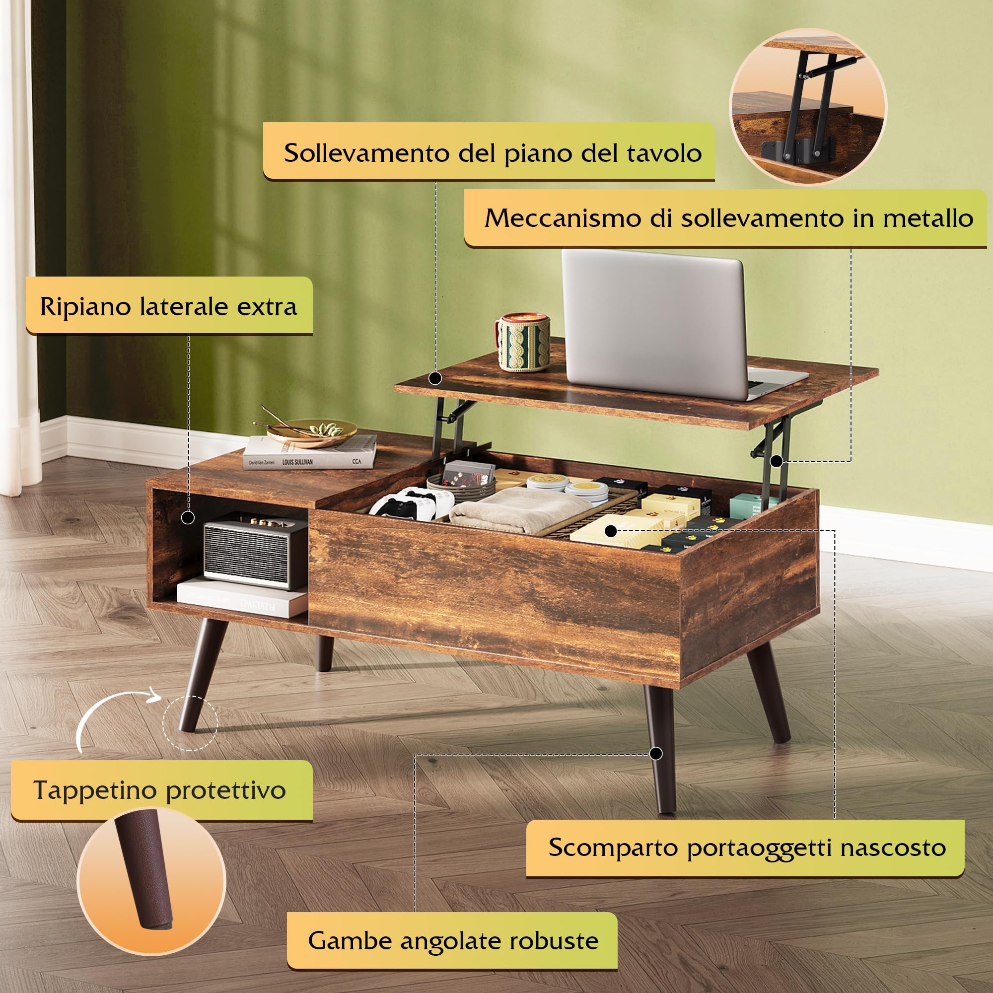 WLIVE Tavolino da Salotto Sollevabile,Tavolino da Caffè con Portaoggetti Nascosti e Scomparti Aperti, Trasformabile in Tavolo da Pranzo per Soggiorno, Ufficio,100 x 50 x 41-57cm Marrone