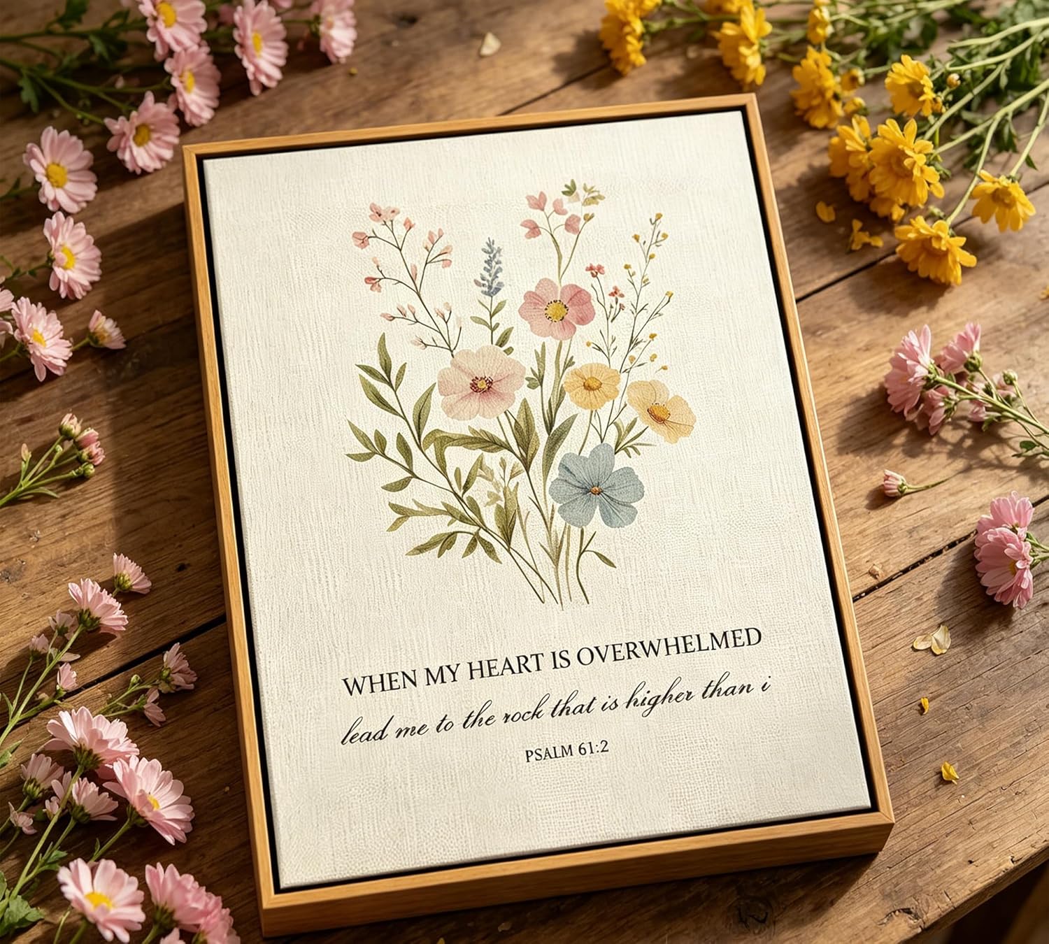 When My Heart is Overwhelmed - Psalm 61:2 Framed Canvas Wall Art, Watercolor Wildflower Bible Verse Print, Christian Religious Wall Decor for Bedroom Living Room, 12x16 Inch Natural Wood Frame
