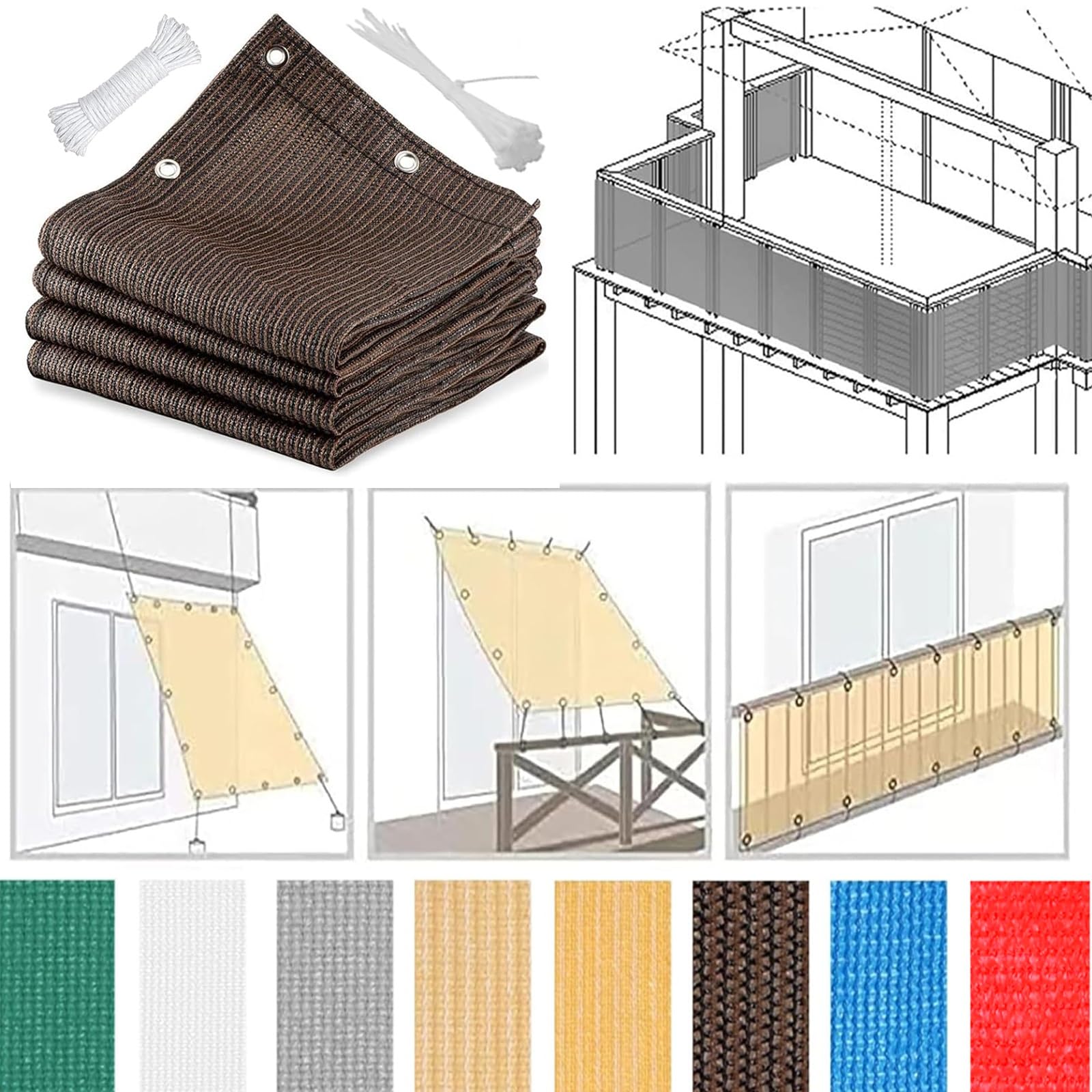 Brise Vue Jardin, Brise Vue 100 x 150 cm Protection UV Opaque Résistant Aux Contre Vent avec Attaches Écran de Confidentialité pour Balcon pour Jardin Extérieur, ‎Marron