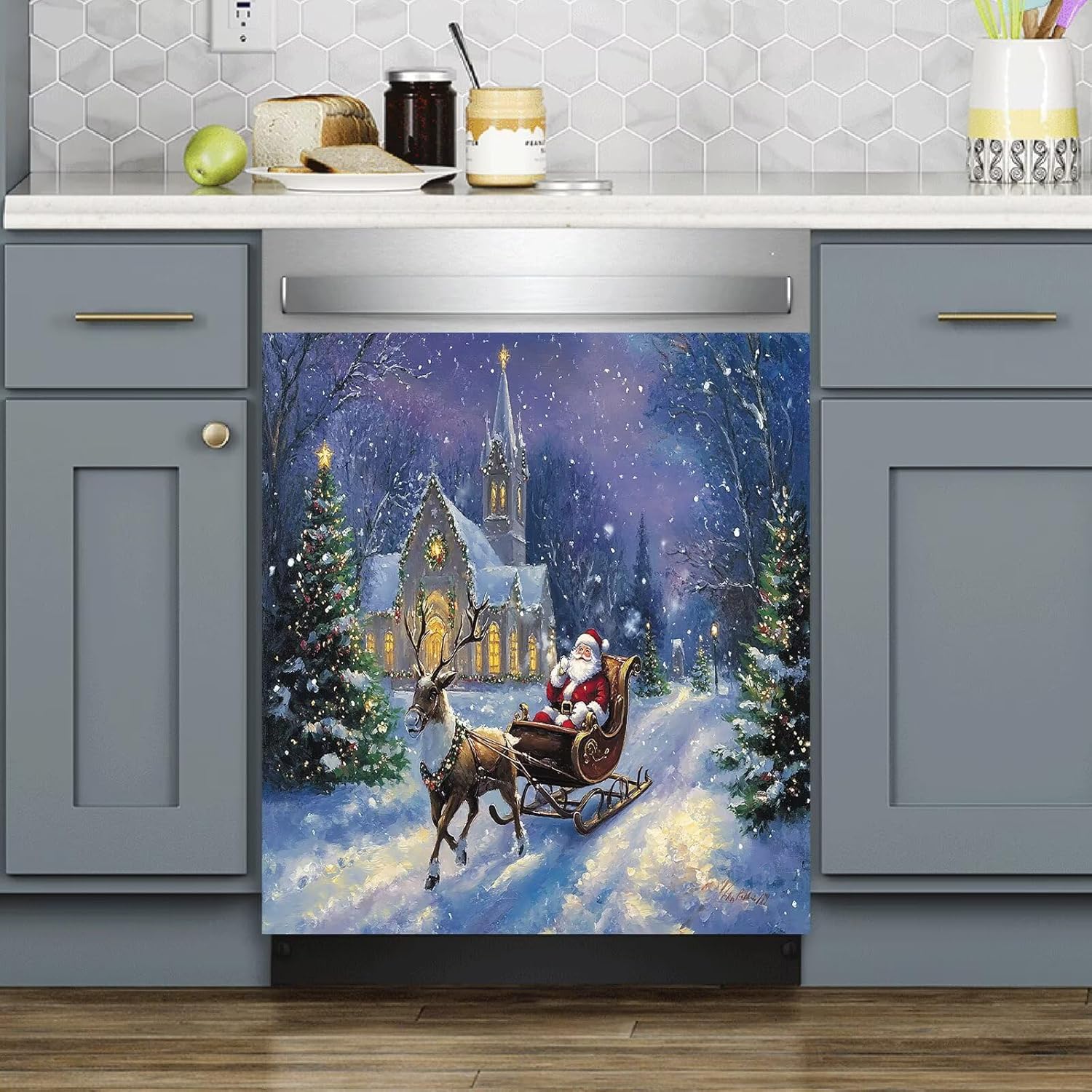 Christmas Sticker Home Kitchen Magnet Cover,Winter Fridge Vinyl Panel Decal,Christmas Time Dishwasher Magnets Decorative Cover,Floral Oven Stickers