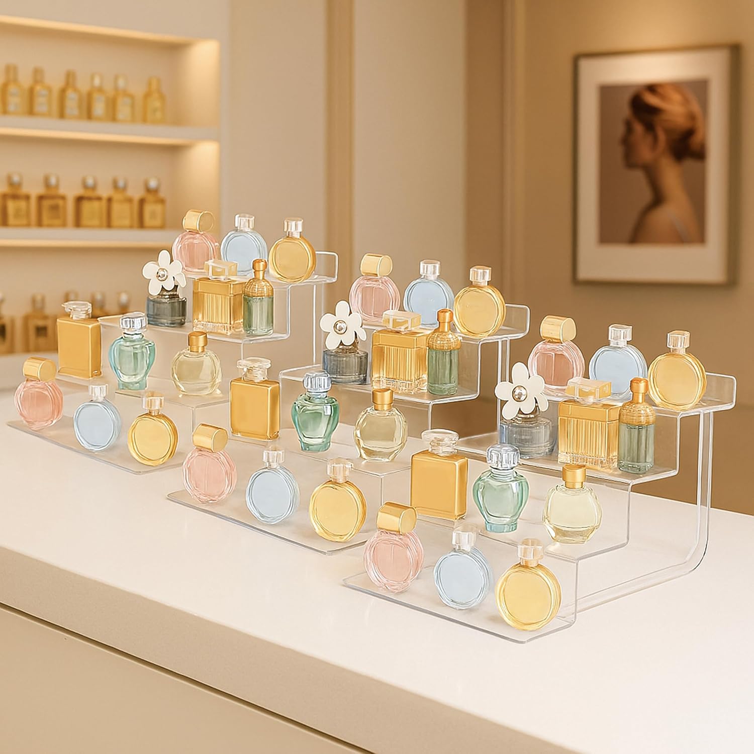 AMT Acrylic Riser Display Stand, 100% Acrylic Clear 4-Tier Organizer for Figures, Cupcake, Perfume, Sunglasses (9 inch x 2.75 inch) 3-pack