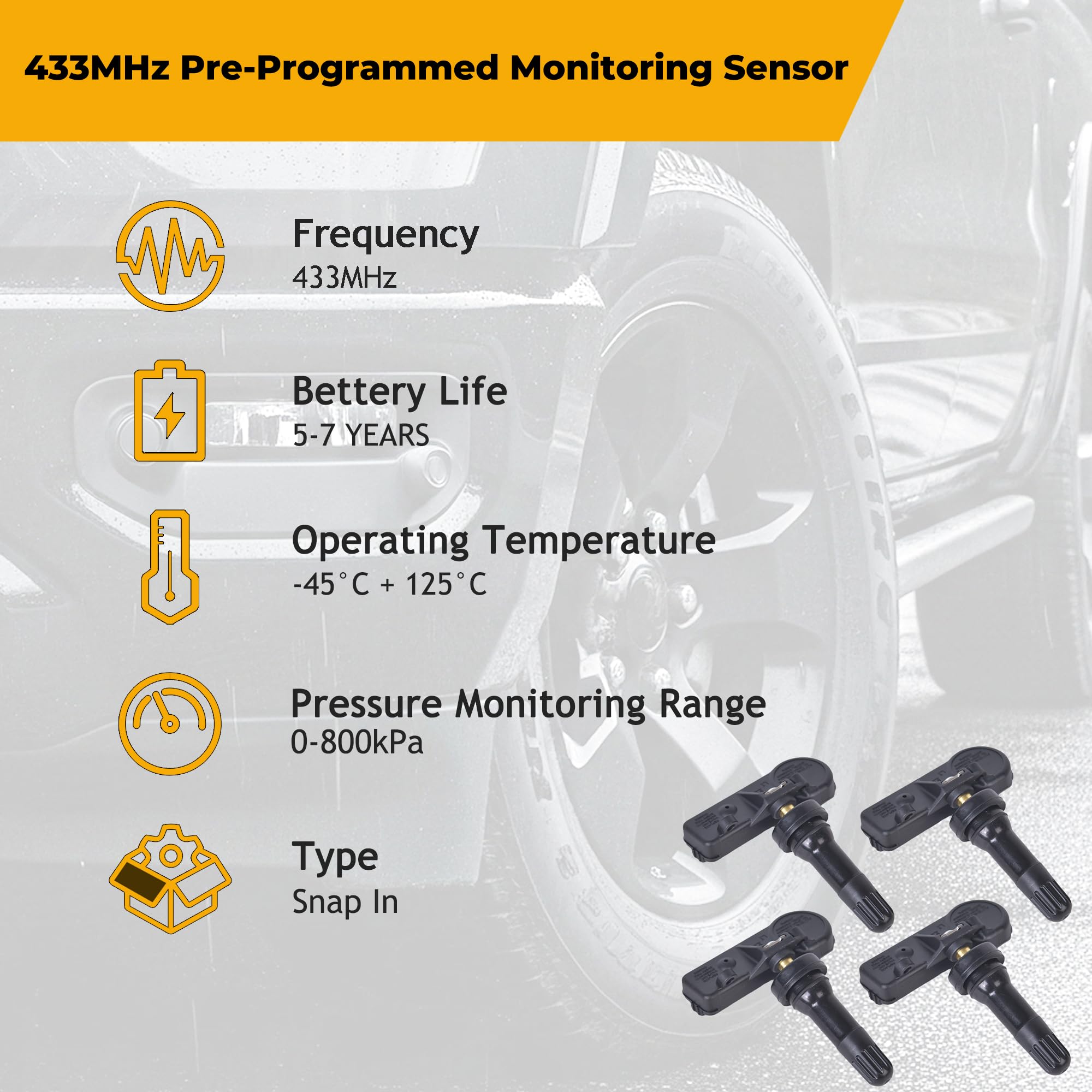TPMS-Sensoren, 4 Stück, vorprogrammierter Reifendrucksensor, 433 MHz, für RAM 1500 DT, Modell 2019–2021, ersetzt # 68293199AA (4 Stück)