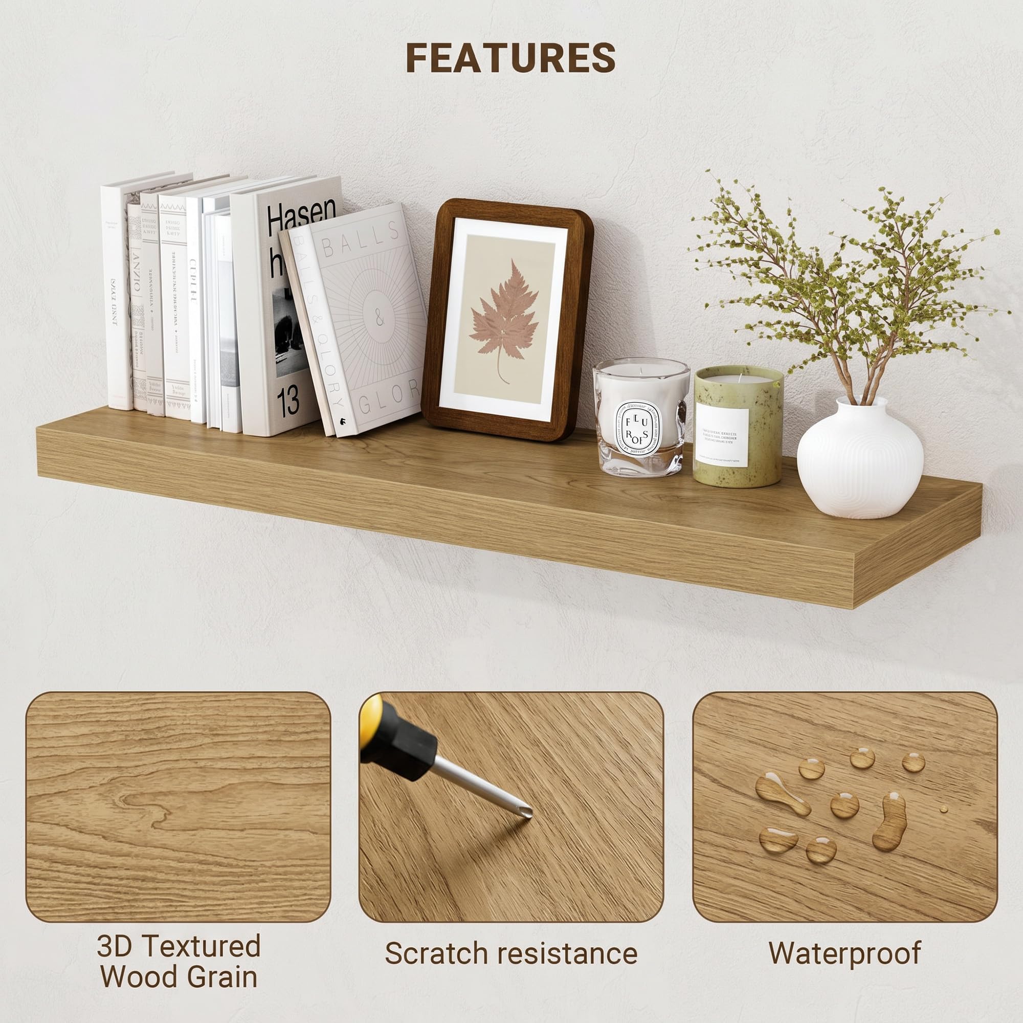 Acovy Lot de 2 étagères murales flottantes en bois pour salon, salle de bain, chambre à coucher, cuisine, chêne - 23,5 cm de profondeur - 80 cm de long
