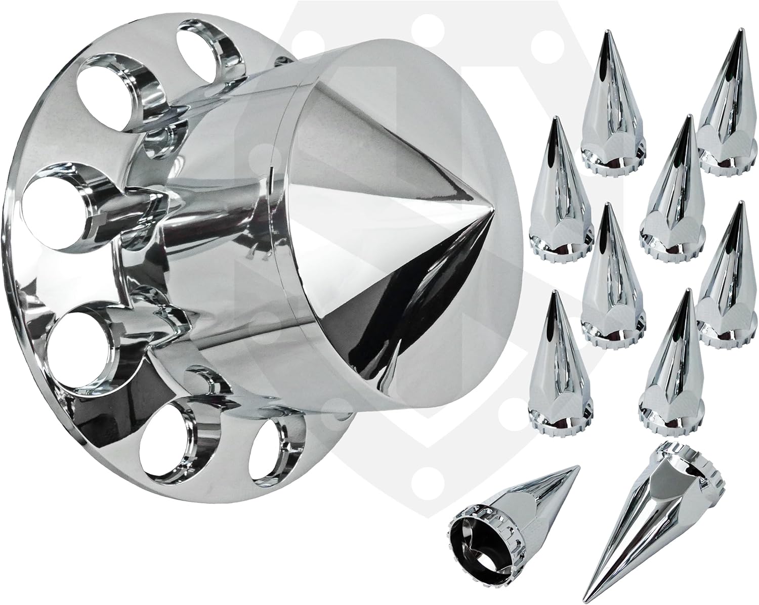225ABS-AC-SO-SP-R Rear ABS Chrome Plated Axle Hubcap Cover for Semi Trucks with Spiked Screw-on 33mm nut Covers