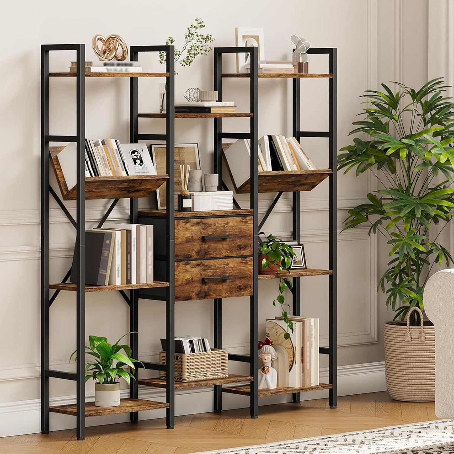 3-Column Bookcase, 55.1" Bookshelf with 2 Non-Woven Fabric Drawers and V-Shaped Shelves, Display Storage Shelf for Living Room, Office, Study, Rustic Brown and Black TSJ03BF
