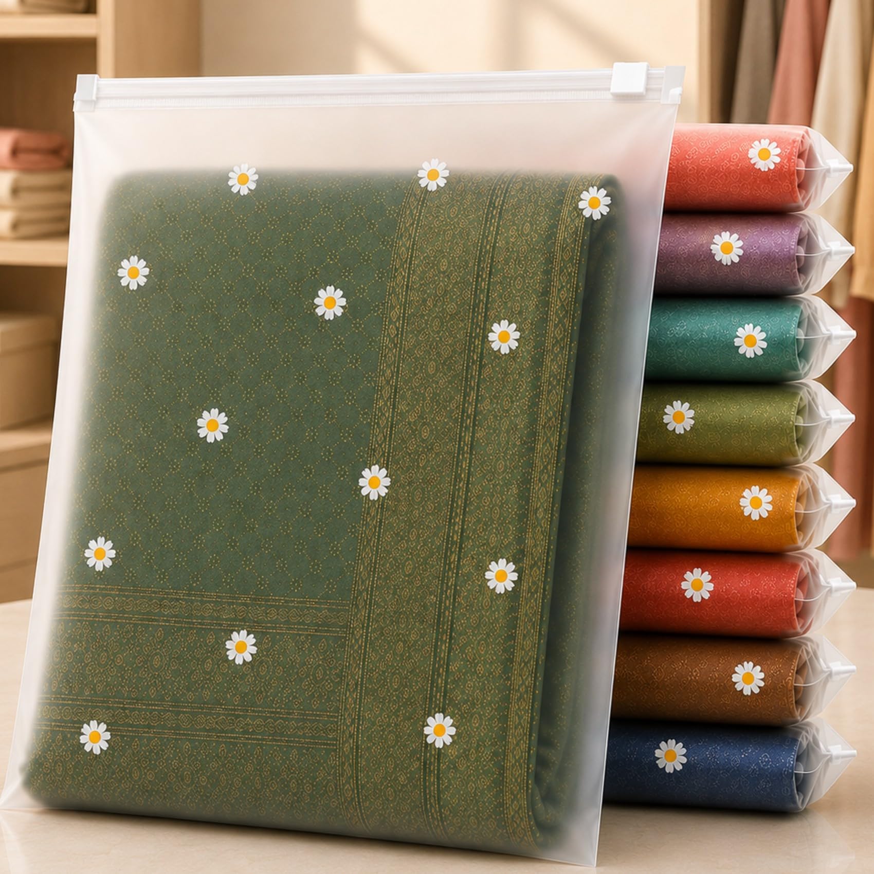 PulGos 12 Pcs, 45 x 35 Cm Saree Cover for Storage | Floral Printed With Zip | Frosted Transparent Bags | Multipurpose Bag for Clothes & Accessories | Packing Covers for Wardrobe Organizer & Traveling-image-10